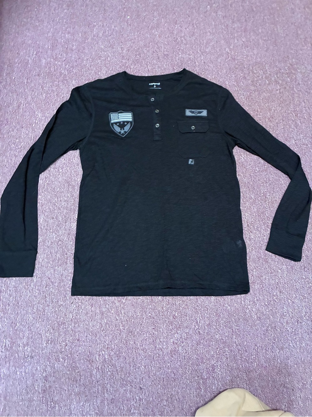Express Black Long-Sleeve Henley with Patch Accents